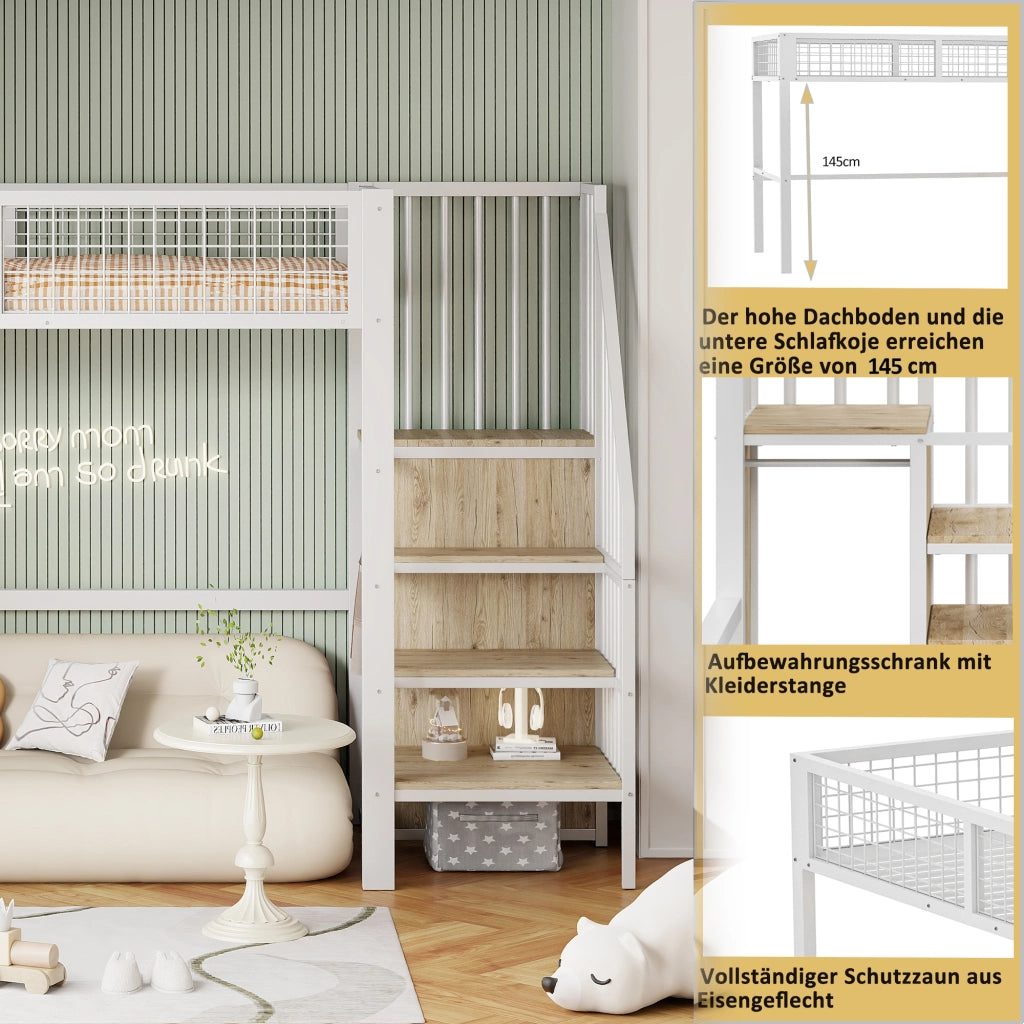 Letto a soppalco 90×200 cm; letto singolo con scala; armadio e vani portaoggetti; senza materasso; metallo; Bianco