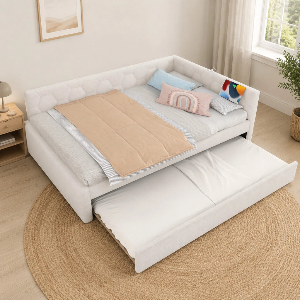 Letto da giorno 140×200 cm con letto estraibile, USB, Type-C e luce, bianco