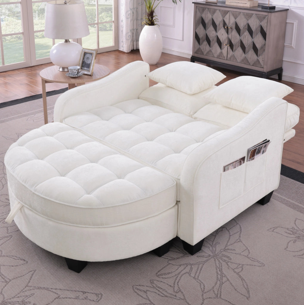 Divano letto 2 in 1 trasformabile con pouf contenitore 132x129x93 cm in eucalipto; beige