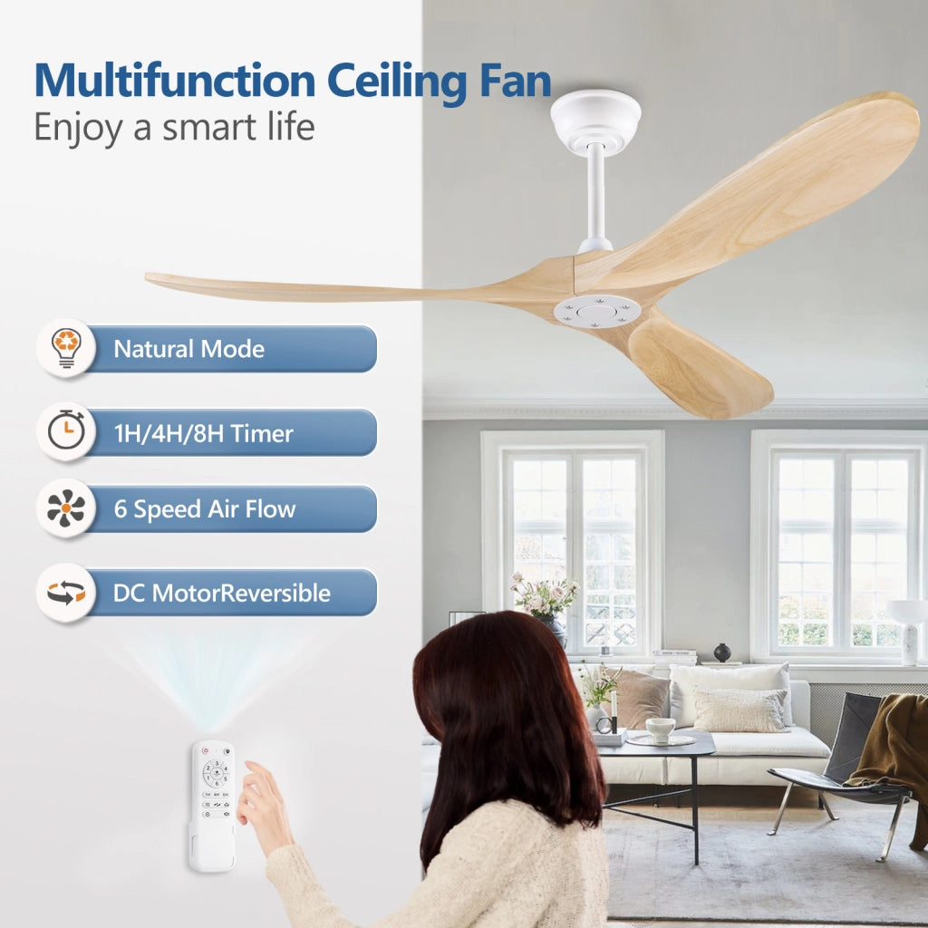 Ventilatore da soffitto 60 pollici senza luce, color legno naturale, impermeabile, extra grande, per esterni, motore DC silenzioso reversibile