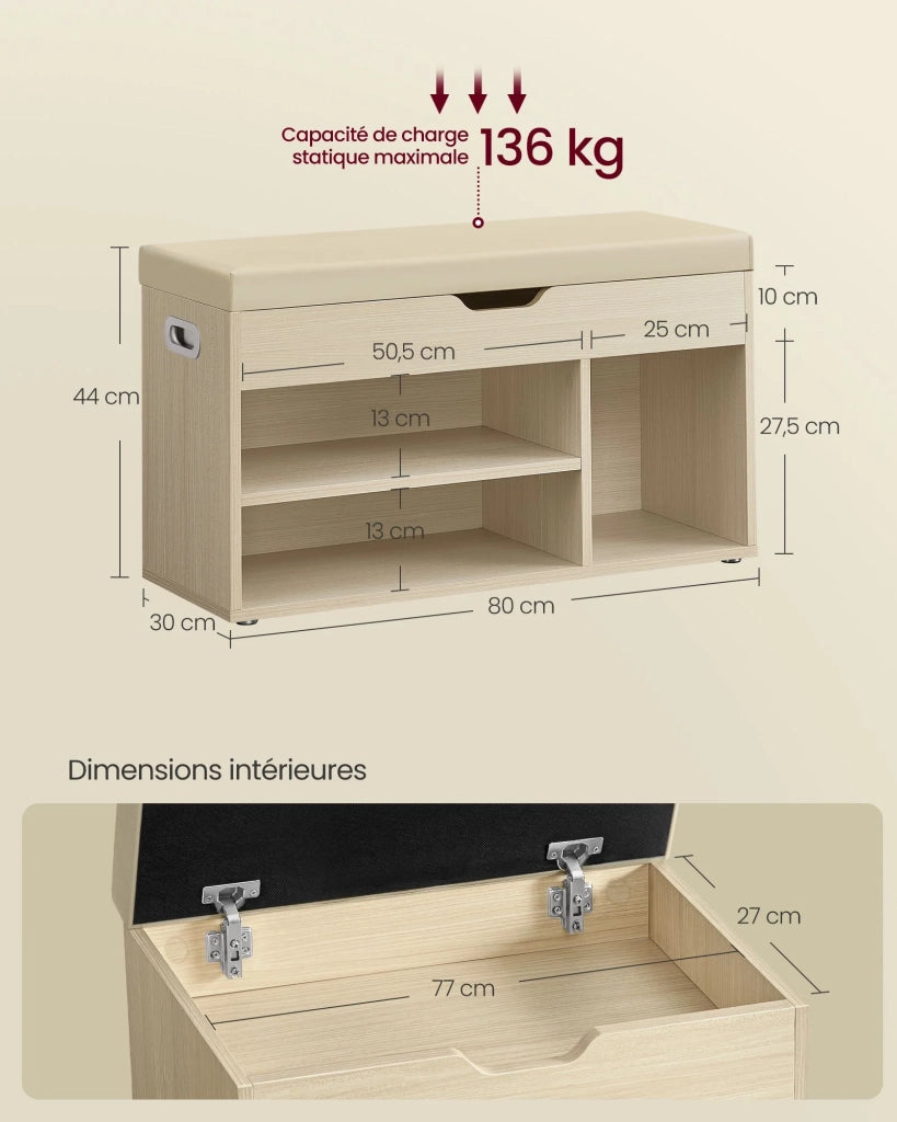 Panca portascarpe imbottita panca contenitore con 3 scomparti ripiani nascosti per soggiorno ingresso camera da letto capacità di carico 150 kg beige 12_0004108