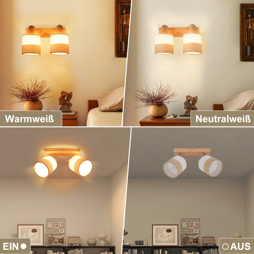 ZMH Faretto da soffitto vintage 2 luci E14 legno tessuto orientabili 350° max 25W senza lampadina