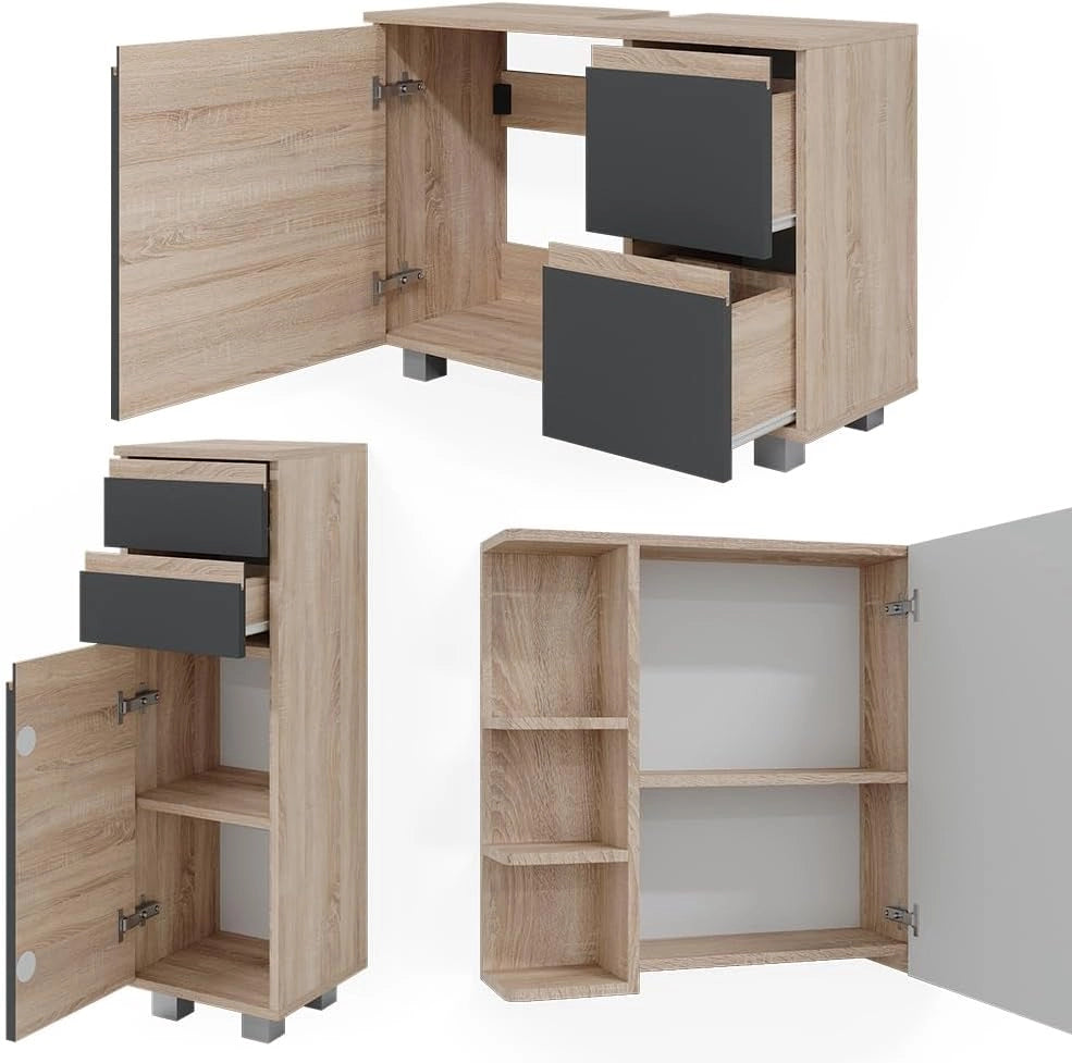 Set mobili bagno J-Shape, Sonoma, 80 cm, composto da mobile sottolavabo, specchiera e mobile medio