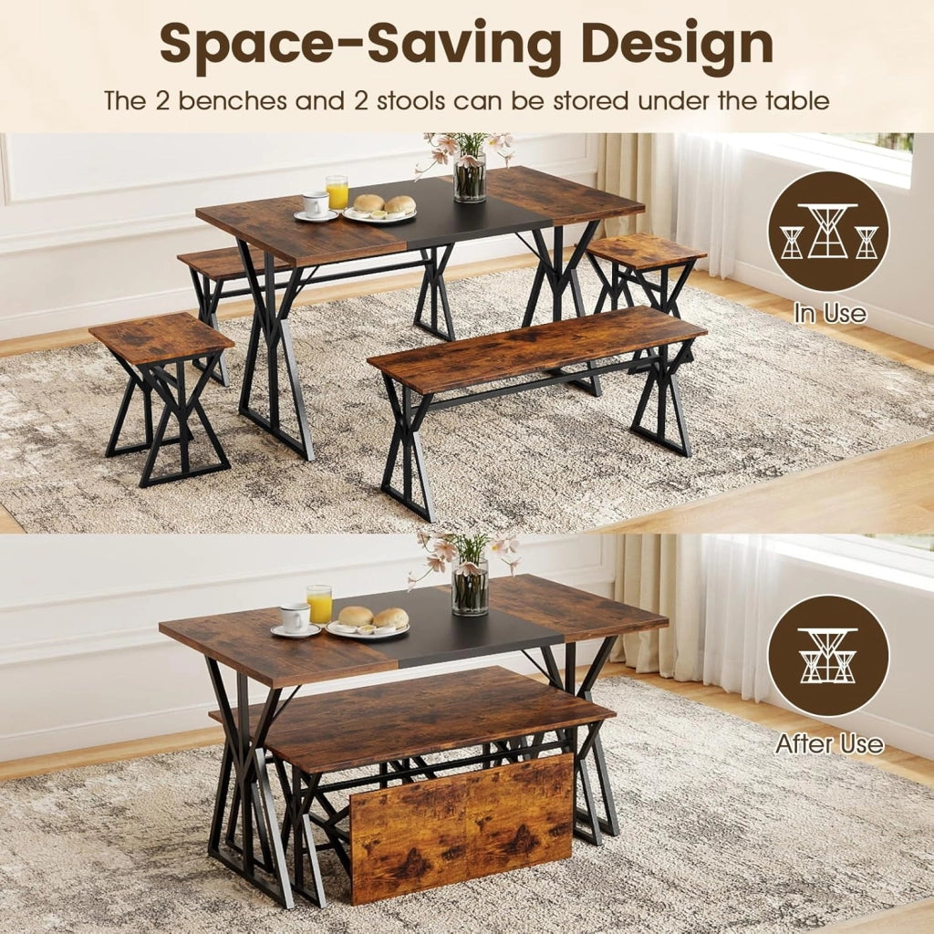 Set di tavolo da pranzo da 5 pezzi, tavolo da cucina 140 x 80 cm con 2 panche, 2 sgabelli, piano multicolore, telaio metallico, set di mobili industriali per la casa, bar, ristorante