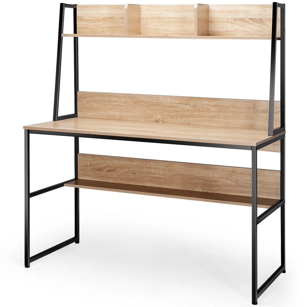 Scrivania per computer con 3 scomparti libreria e ripiano, Scrivania da 120cm salvaspazio per ufficio Naturale-Scrivanie