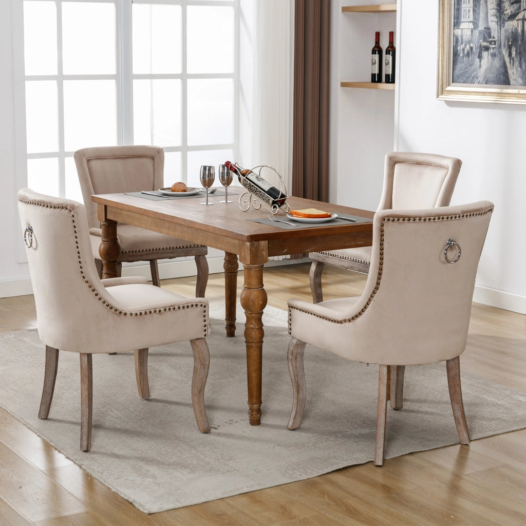 Sedia da Pranzo Imbottita in Velluto con Gambe in Legno Massello ¨C Xylo ¨C Beige, Set 4 Pezzi