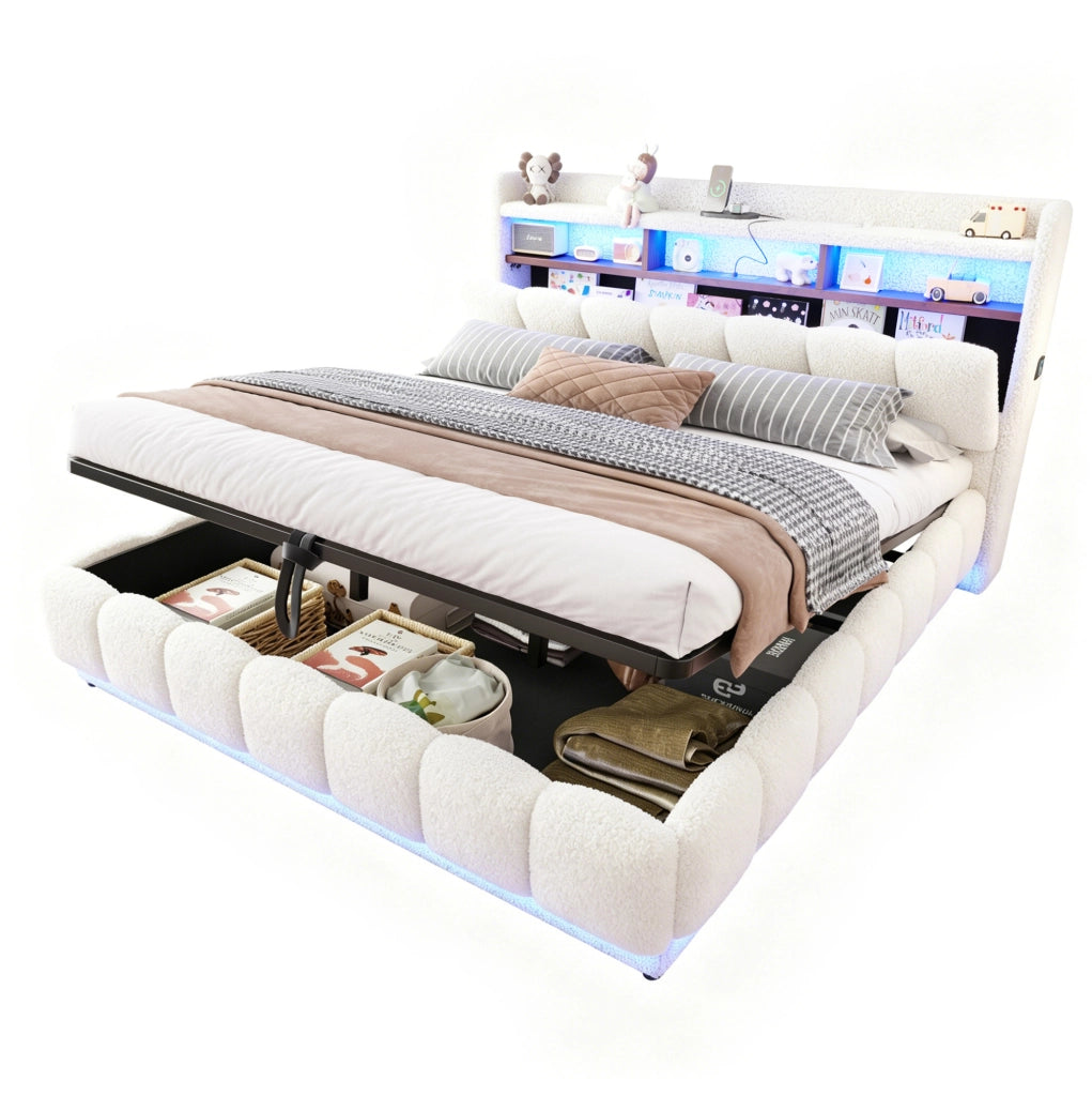 Letto imbottito 180x200 cm con contenitore idraulico; LED e USB; tessuto boucl茅 bianco