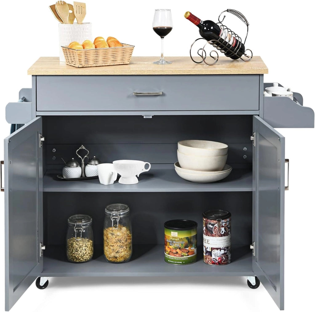 Carrello da Cucina, Credenza Mobile con Cassetto, Anta Doppia, Portaspezie e Portasciugamano, Ripiani Regolabili, Ruote con Freni, Portata di 50 kg, 116x40x85 cm, 4 Colori (grigio)