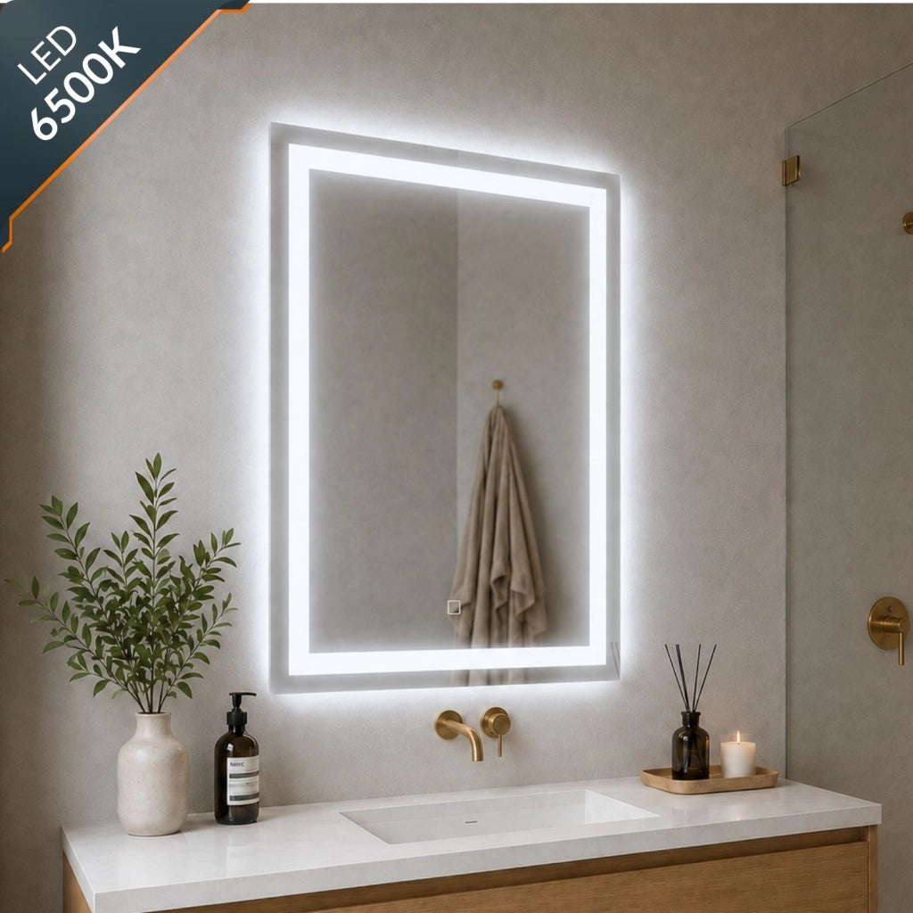 Specchio da bagno ed ambienti rettangolare con cornice led e interruttore touch *** misure 60x80 cm, tonalità standa...