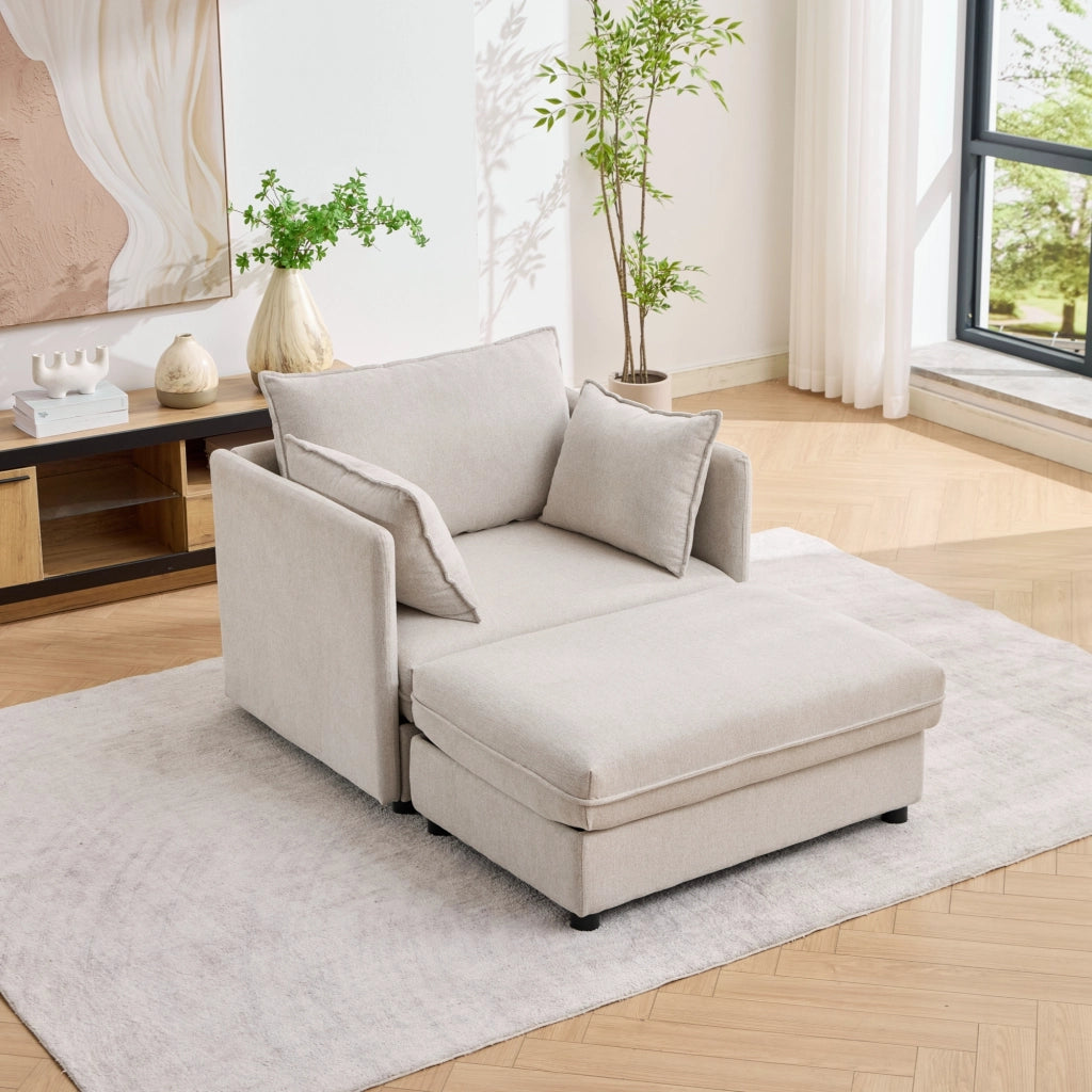 Poltrona lounge modulare con pouf contenitore in velluto Altay beige