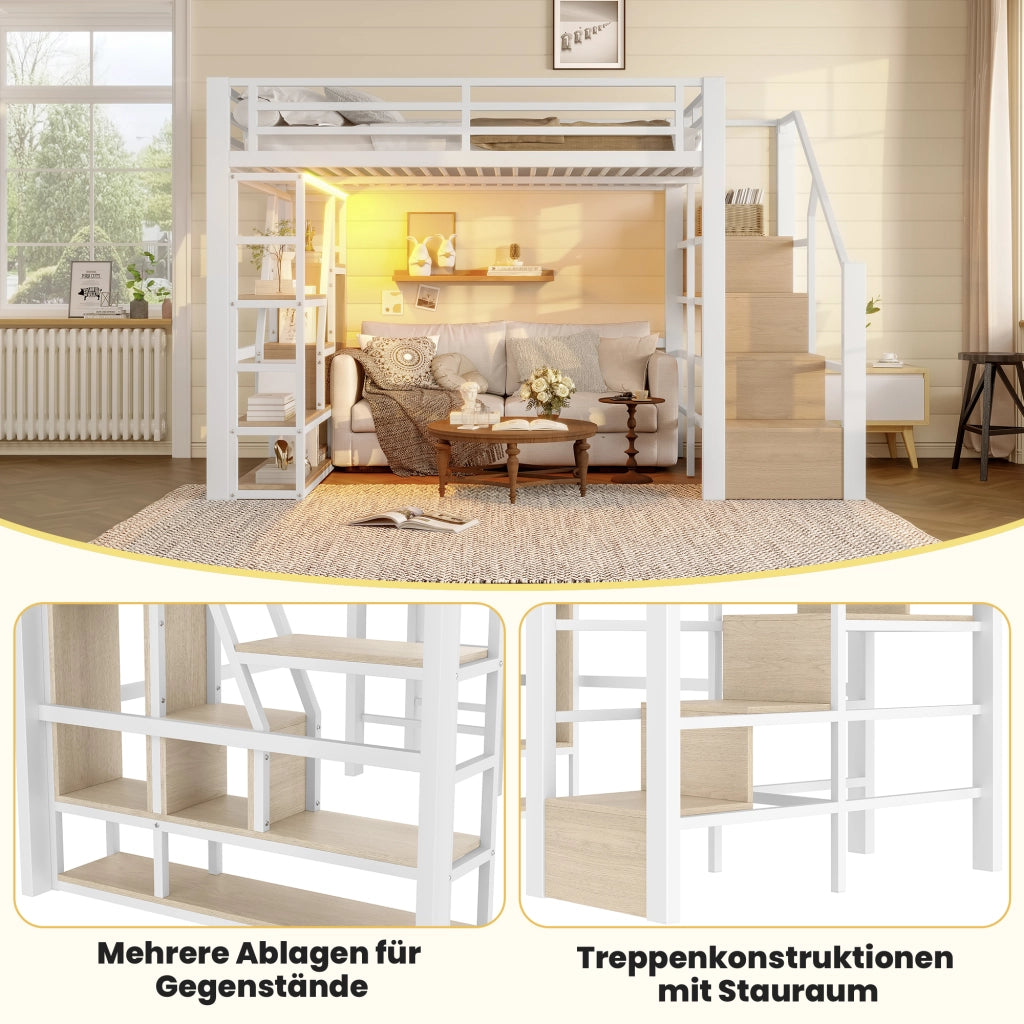 Letto a castello bianco con funzione contenitore e illuminazione LED in metallo e MDF 140x200 cm