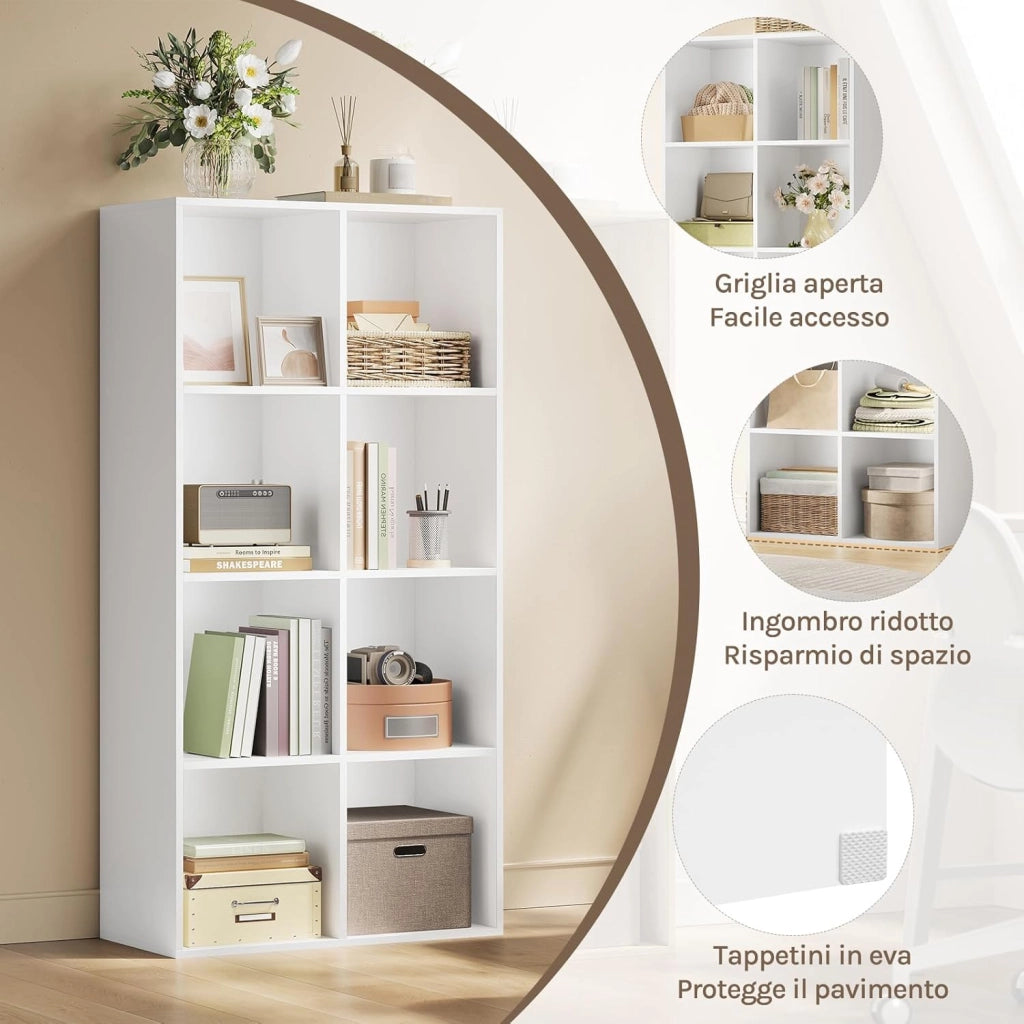 Libreria Scaffale con 8 Scomparti a Cubi Portaoggetti, Mobile da Soggiorno Porta Libri, Libreria in Legno da Ufficio 60x29,5x121cm, Bianco, SK002ws4