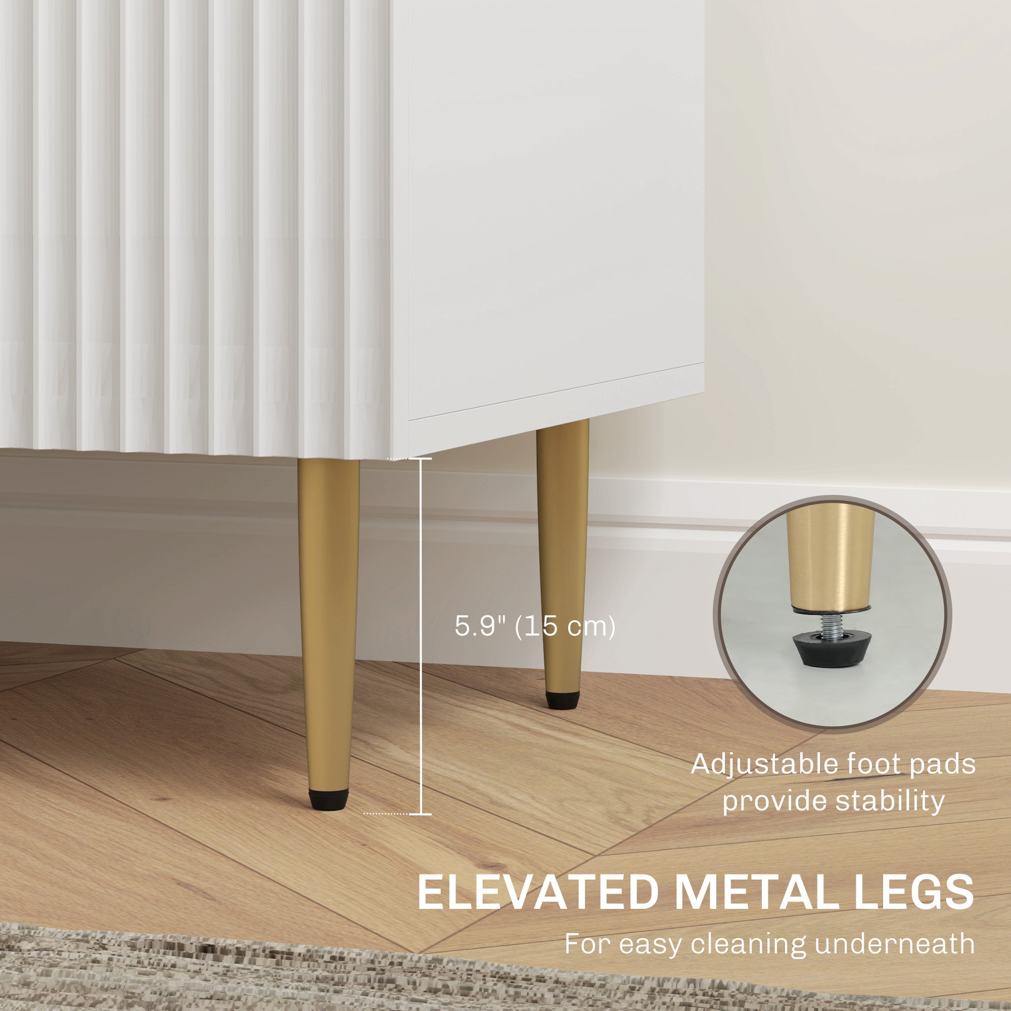 Credenza Moderna 120x40x89,5 cm con 3 Cassetti e 2 Armadietti in Legno e Metallo Bianco