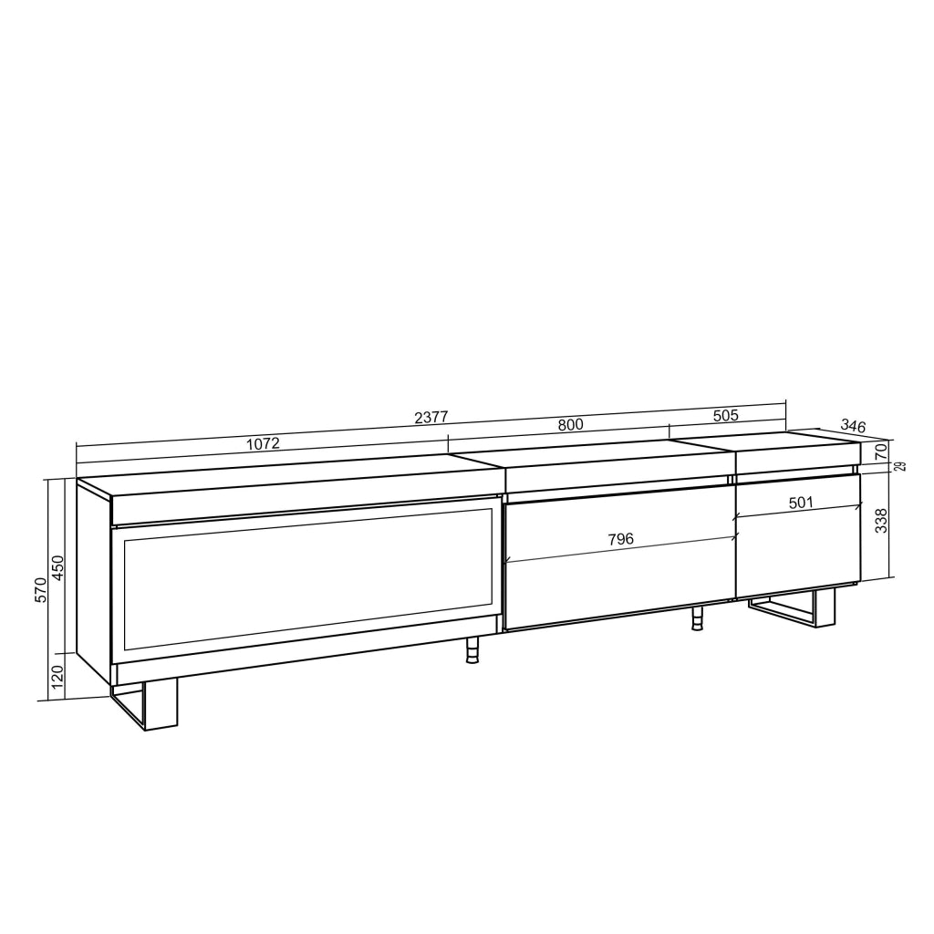 Mobile TV Soggiorno, 237x35x57cm, TV di grande formato, Camino elettrico XXL, Design industriale, colore Rovere e nero RF3584