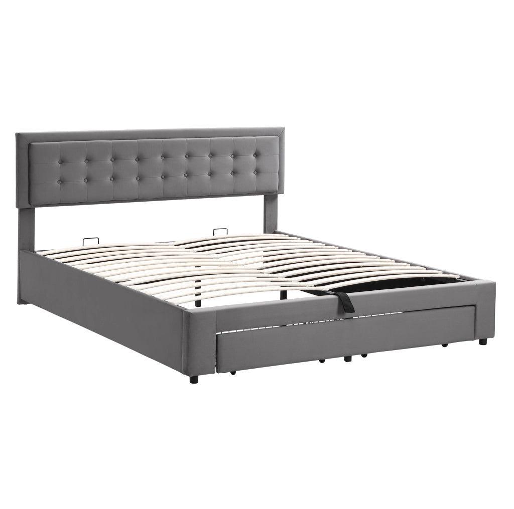 Letto matrimoniale imbottito in velluto grigio 160x200 cm con contenitore e cassetti