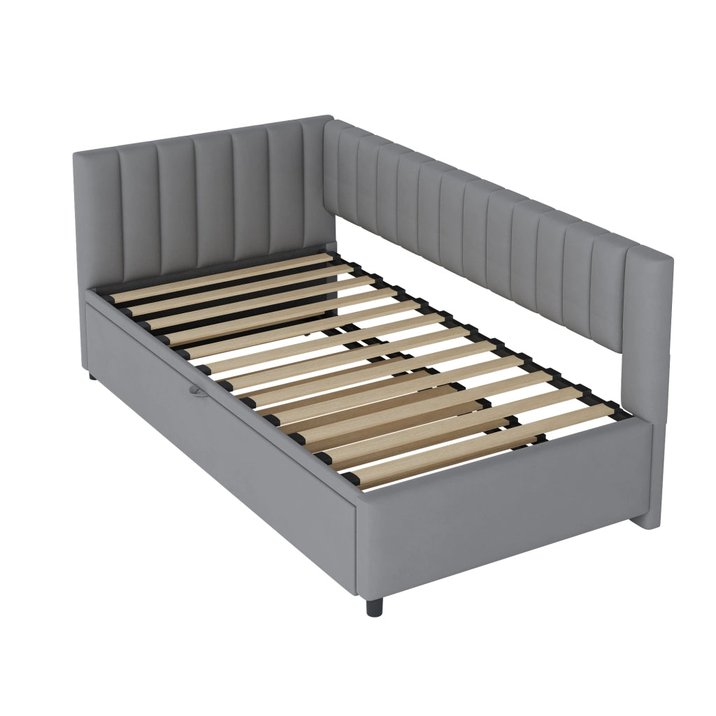 OKWISH Letto a Divano 90×200 cm, Letto Singolo con Letto Estraibile, Testiera e Schienale, senza Materasso, in Velluto, Grigio