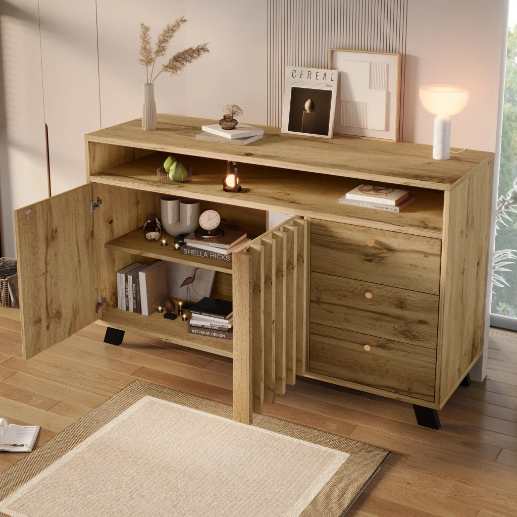 CREDENZA con 3 cassetti, 2 ante e vano aperto 120x40x85 cm effetto legno scuro