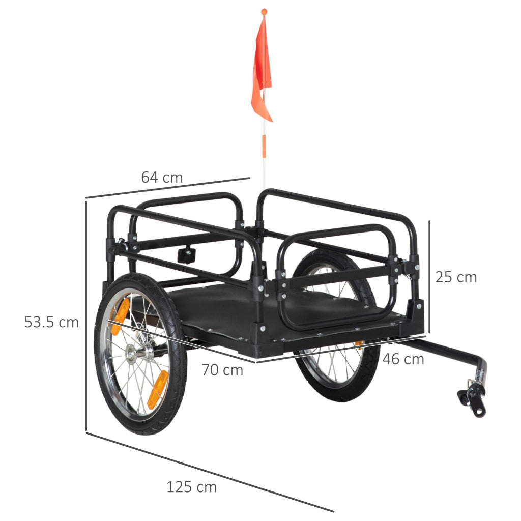 Carrello Bici da 70L con 2 Ruote da 16" 2 Catarifrangenti e Bandierina 125x64x53,5 cm in Acciaio e PE Nero