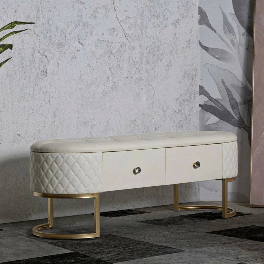 Panca Golfo, Panchina multiuso, Seduta per ospiti, Cassapanca multifunzione, 120x40 h43 cm, Bianco e Oro