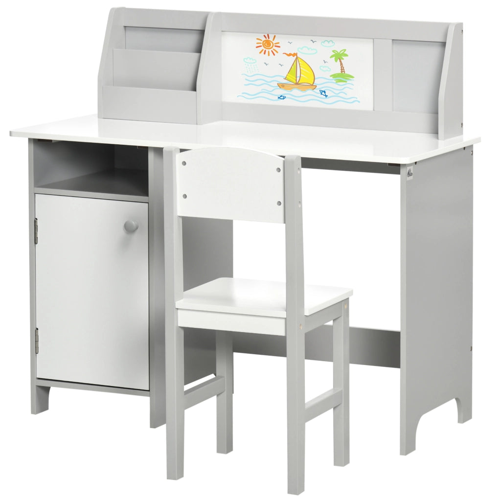 Set Tavolo e Sedie per Bambini in Legno con Banco Scuola ¨C zephmum ¨C Bianco e Grigio