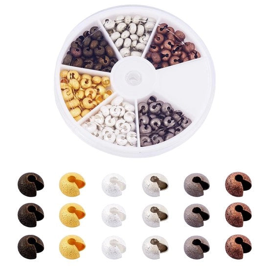 Coppe a knoop 180 pezzi - Ottone - Cerniera semi rotonda - 6 colori - Apertura: 2,2 mm - Materiale duraturo - Coppe per collane