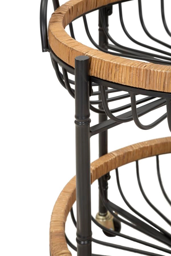 Carrello 2 Ripiani 57x55,5x62,5 cm con Ruote in Metallo e Rattan