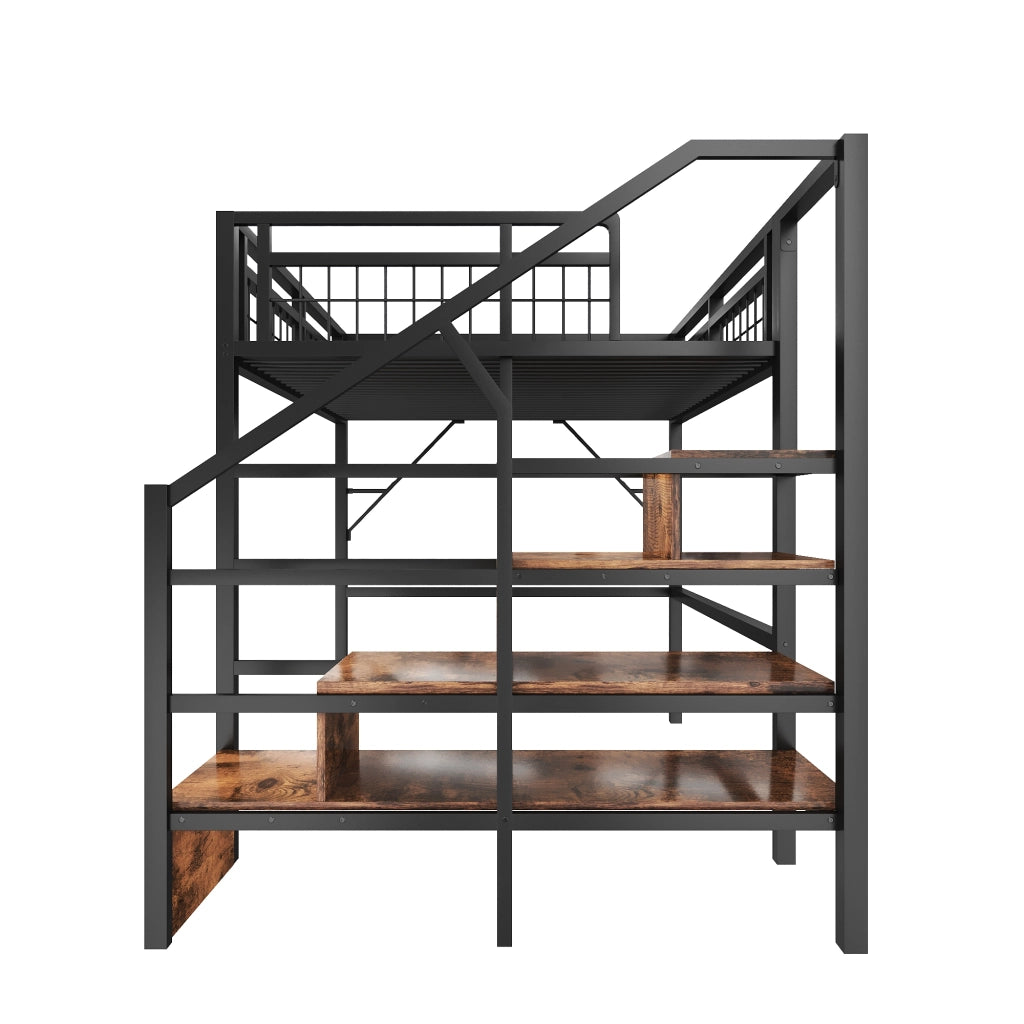 OKWISH Letto a soppalco 140×200 cm, Letto matrimoniale con LED regolabile, Scala con contenitore e spazio libero, senza materasso, Nero