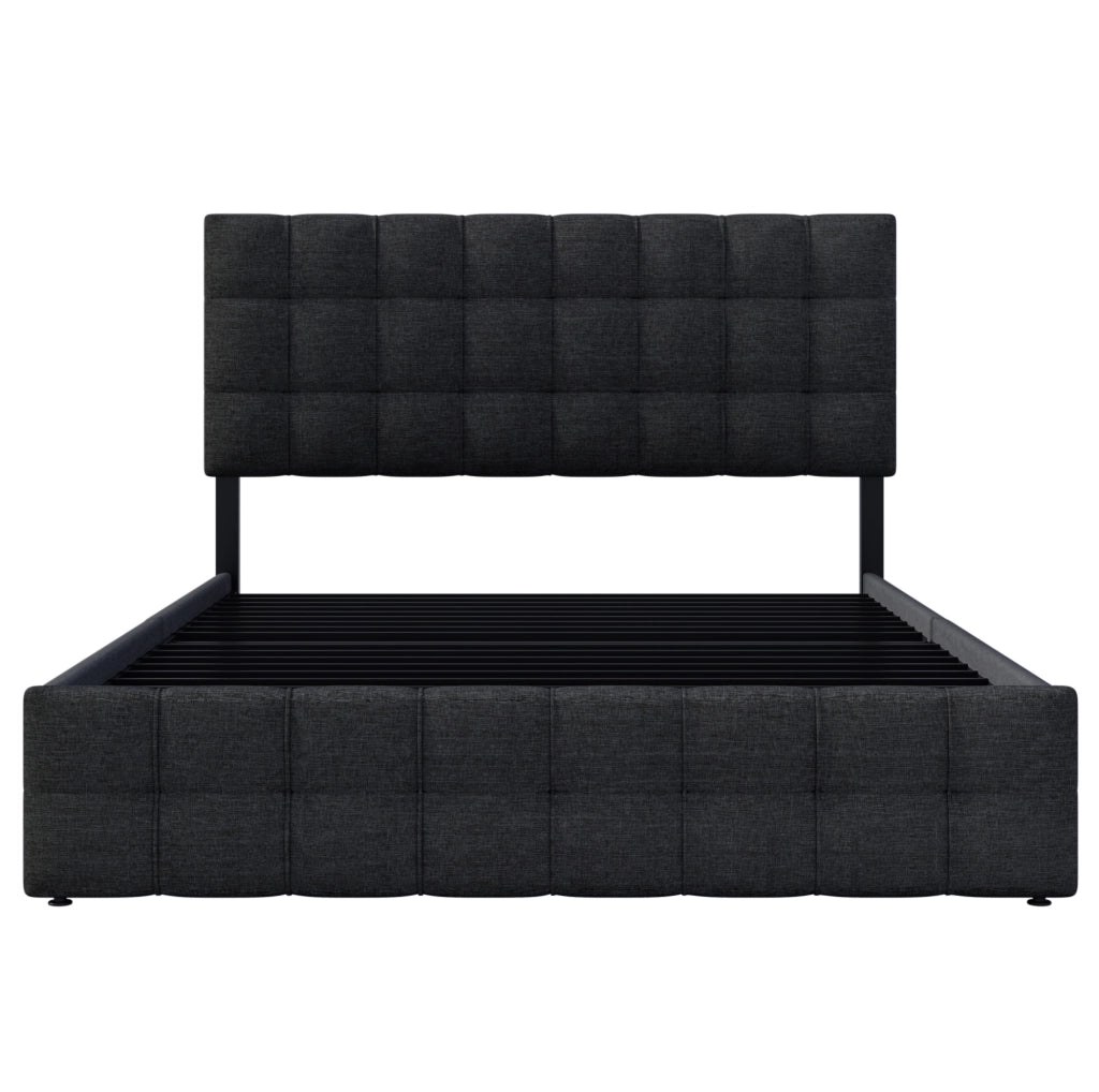 Letto matrimoniale contenitore 140x200 cm in lino nero con 4 cassetti e testiera regolabile