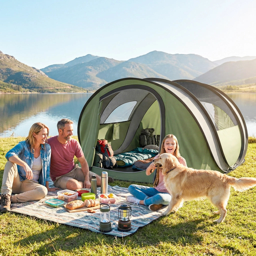 Tenda da Campeggio Pop-Up 4-5 Persone Verde ¨C zephmum ¨C 2 Porte 2 Finestre Impermeabile