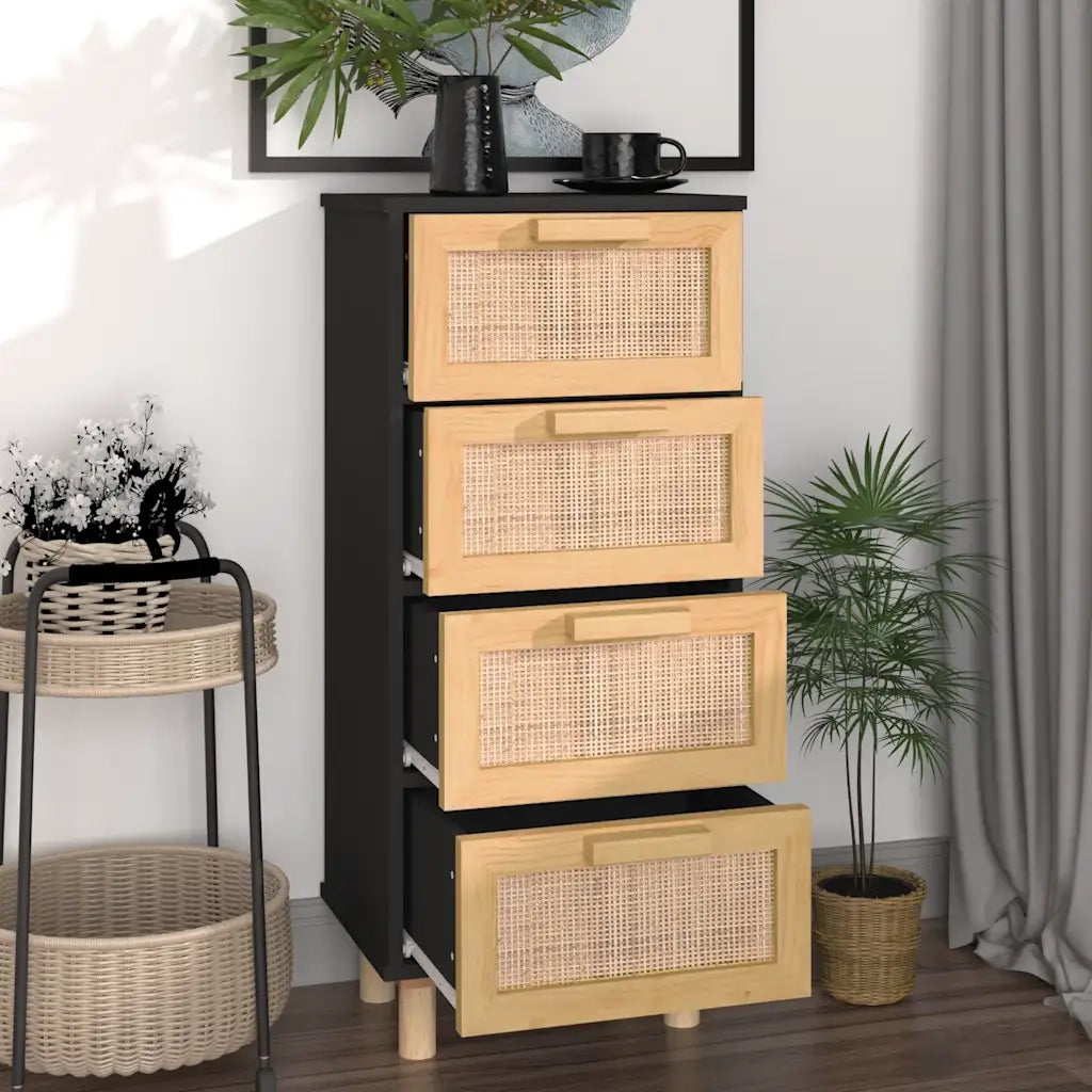 Credenza-Buffet-Armadio da cucina Nera 40x30x90 cm Legno Massello Pino e Rattan Naturale