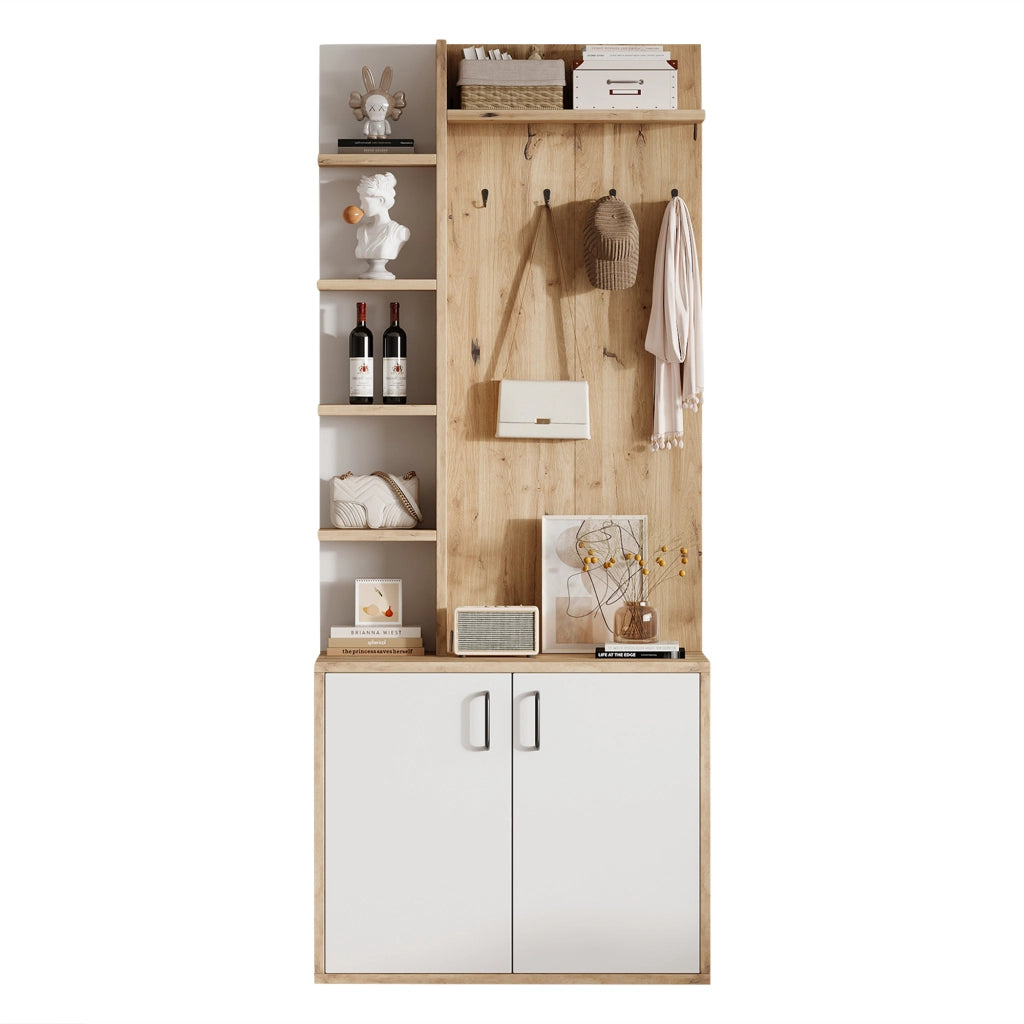 Mobile Ingresso con 6 Ripiani Aperti e Armadietto a 2 Ante; Stile Naturale; in Pannello Truciolare; Legno Naturale e Bianco; 75??33??180 cm