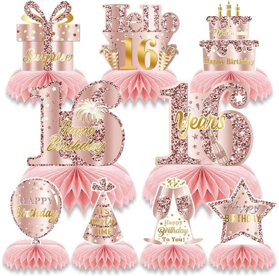 Decorazione per tavola 9 pezzi - Punti di ragnatela centrale - Rosa/Rosé dorato - Decorazione per festa - Tavola di compleanno - Decorazione per tavola