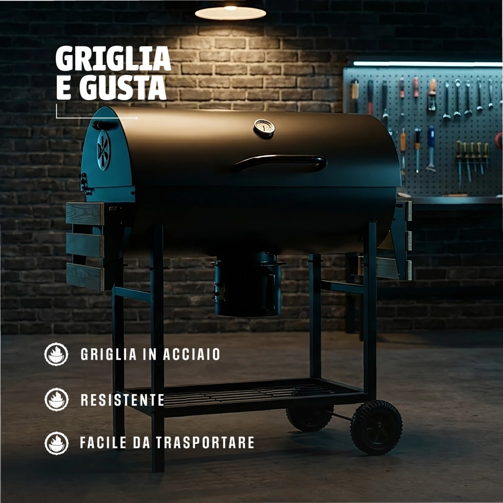 Barbecue a Carbone con Coperchio e Termometro, 2 Griglie in Acciaio Inox SS304 (Cottura + Mantenimento), Ripiani Laterali e Ventilazione Regolabile, BBQ da Giardino con Ruote