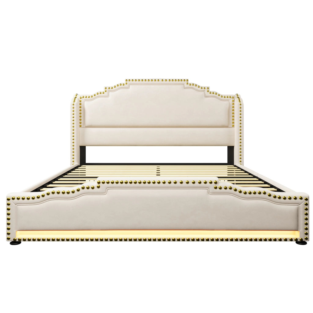 Letto imbottito 160x200 cm con 4 cassetti, LED, USB e USB-C in velluto beige