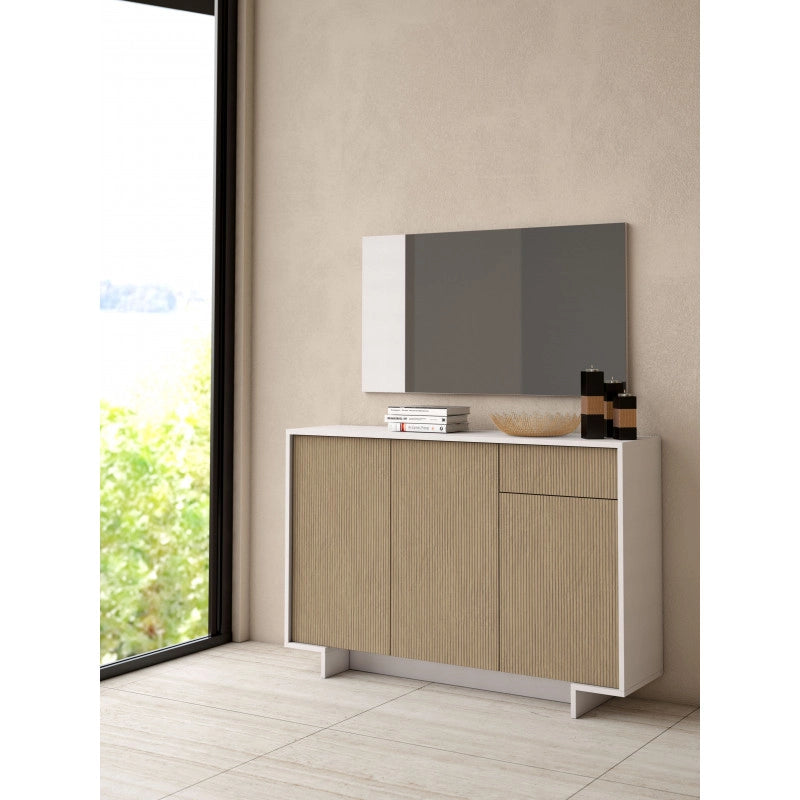 Madia Frame Slim 3 ante con cassetto push to open bianco e cannetè chiaro 134x35x87 cm - Terraneo
