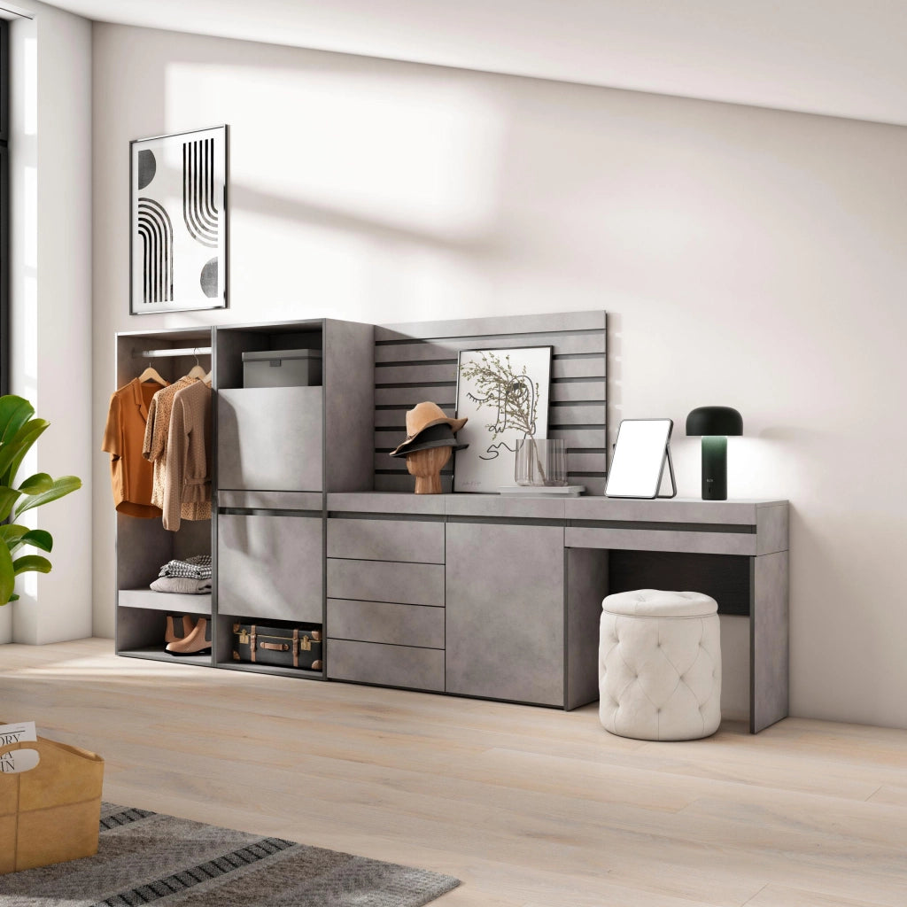 Scarpiera, 297x35x145cm, Camera da letto, Armadio Aperto, Cassettiera, Pannelli Decorativi, Tavolo da toeletta, grigio cemento RF3530
