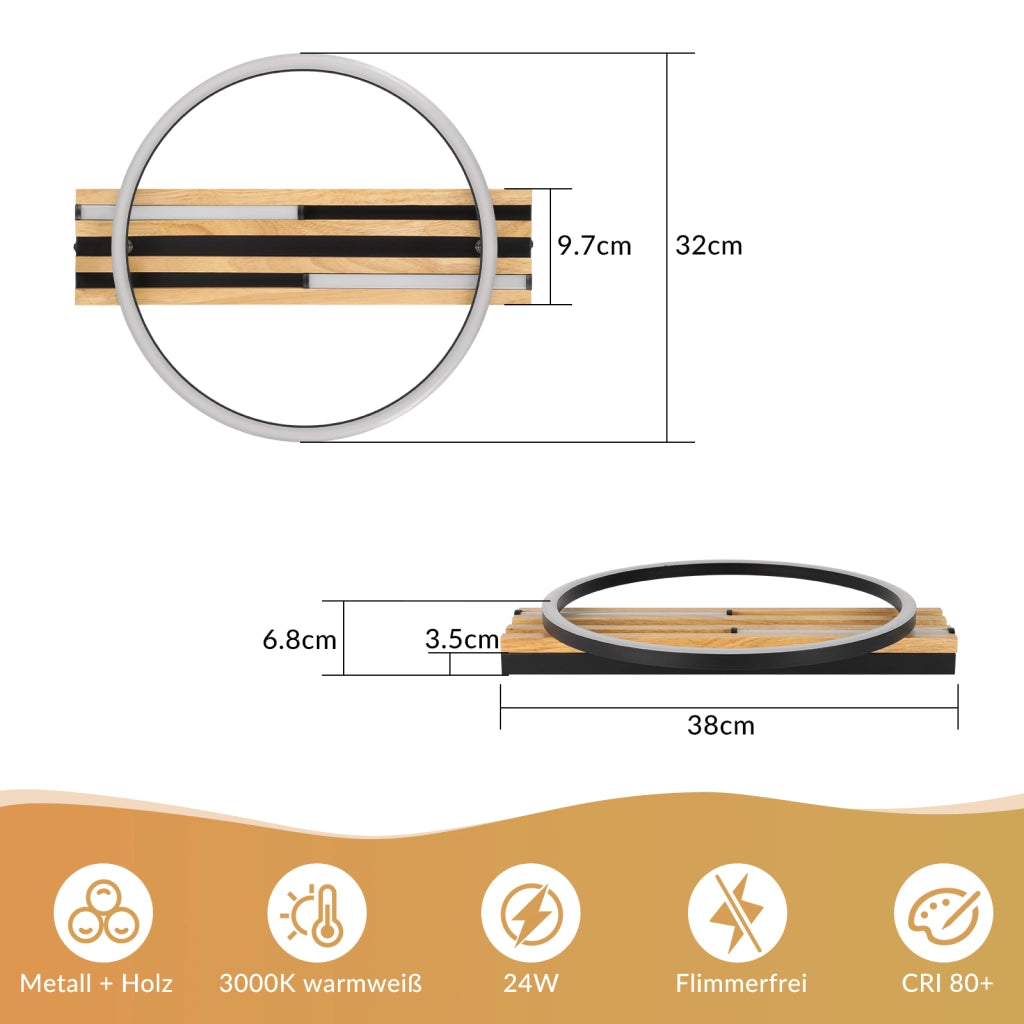 ZMH Lampada da Soffitto LED Legno 24W 38cm Luce Calda Nero Anello Moderna per Camera da Letto Soggiorno