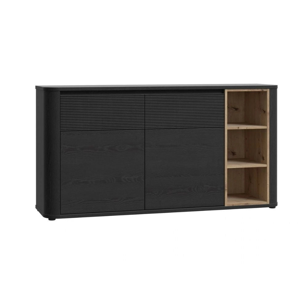 Madia Origin Core 2 ante 2 cassetti con vani a giorno 160 cm nero e dettaglio rovere