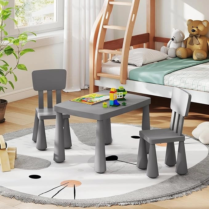 Set Tavolo e Sedie per Bambini 1-7 Anni, 2 Sedie Ergonomiche con Schienale, Materiale PP Atossico e Inodore, Angoli Arrotondati, Adatto per Giocare, Disegnare e Leggere, Portata 50kg (Grigio)