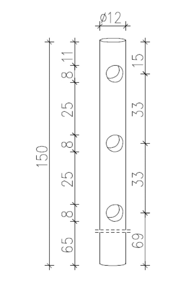 Pali impregnati diam. 12 lungh. cm 150 3 fori pz 10