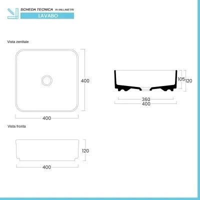 Lavabo da appoggio quadrato 40 in ceramica bianco opaco  Epsilon