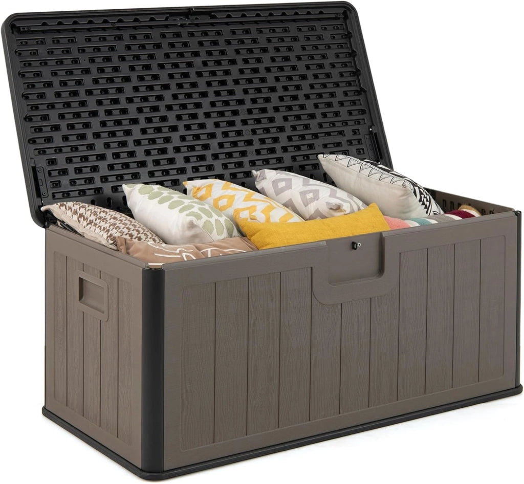 Baule da Esterno 378 L, Cassapanca Contenitore Impermeabile in Resina con Pistoni a Gas, Coperchio Bloccabile, Salvaspazio per Giardino, Cortile e Piscina, 130 x 64 x 59 cm (Marrone+Nero)