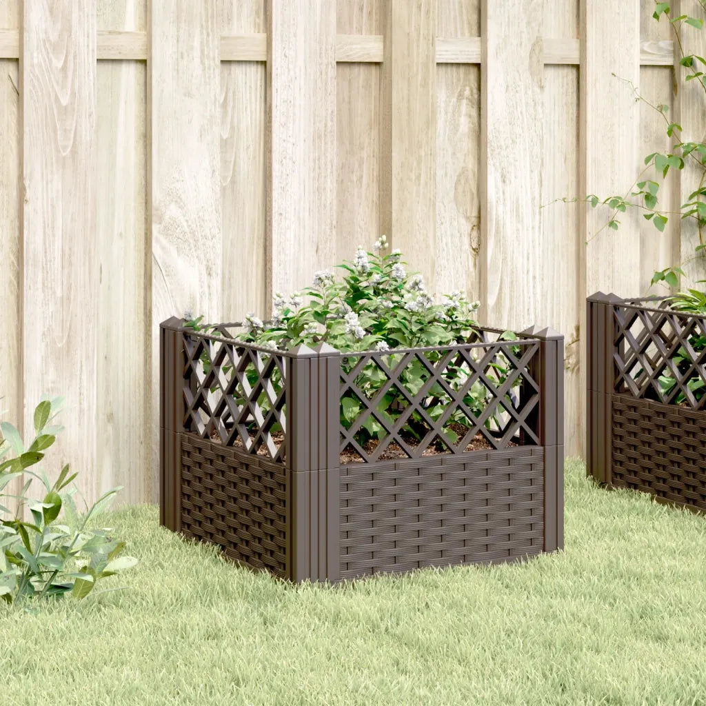 Fioriera | Cassetta per fiori | Vaso da Giardino con Picchetti Marrone 43,5x43,5x43,5 cm PP