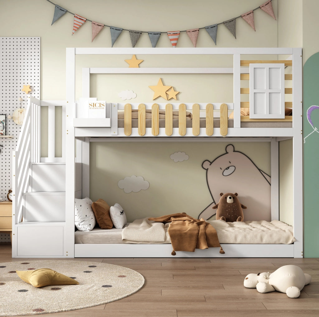 Letto a castello 90x200 cm con scala e vani portaoggetti in legno e MDF bianco naturale