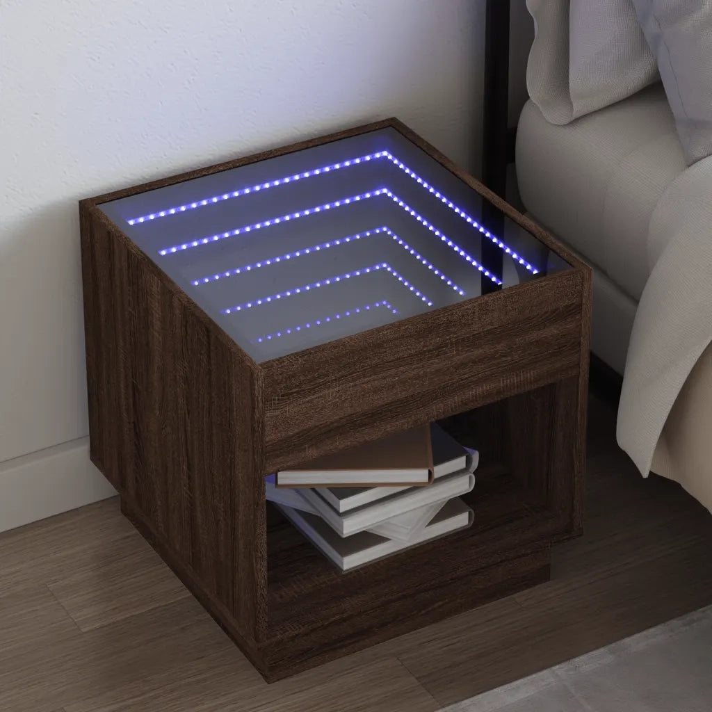 Comodino | Armadio da Notte | Mobiletto da notte con LED Infinity Rovere Marrone 50x50x50 cm