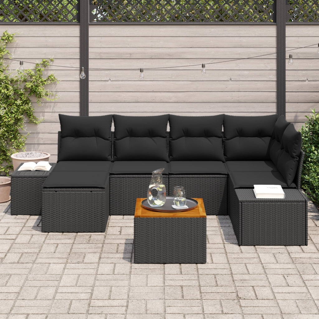 Set Divano da Giardino con Cuscini Nero Polyrattan Acacia