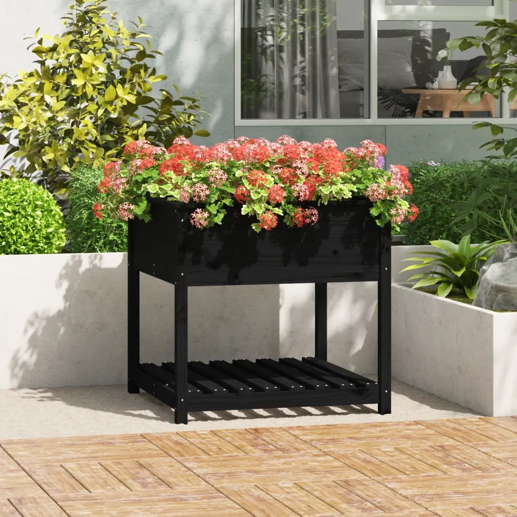 Fioriera con Mensola Nera 82,5x82,5x81cm Legno Massello di Pino 823798
