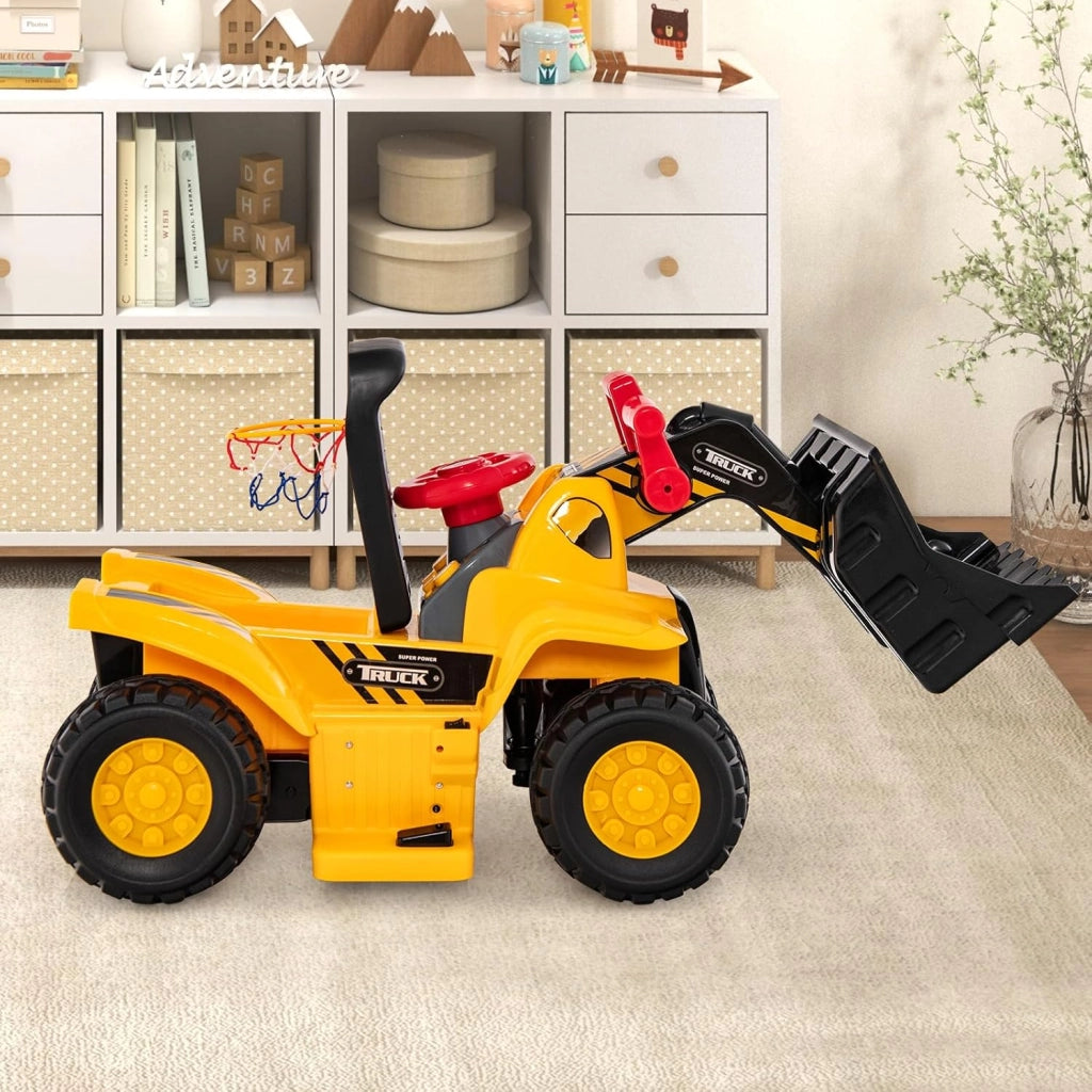 Escavatore Elettrico per Bambini, Ruspa Cavalcabile con Benna Controllabile Vano Nascosto Effetti Sonori e Canestro da Basket Pieghevole e 3 Palline, per Bambini 2 Anni+