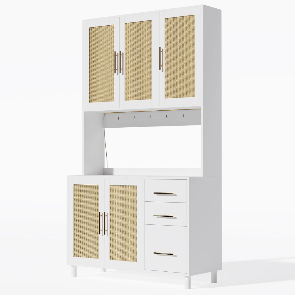 Credenza cucina in MDF bianco con LED RGB, 2 prese europee, USB, 3 cassetti, ante e ripiani regolabili