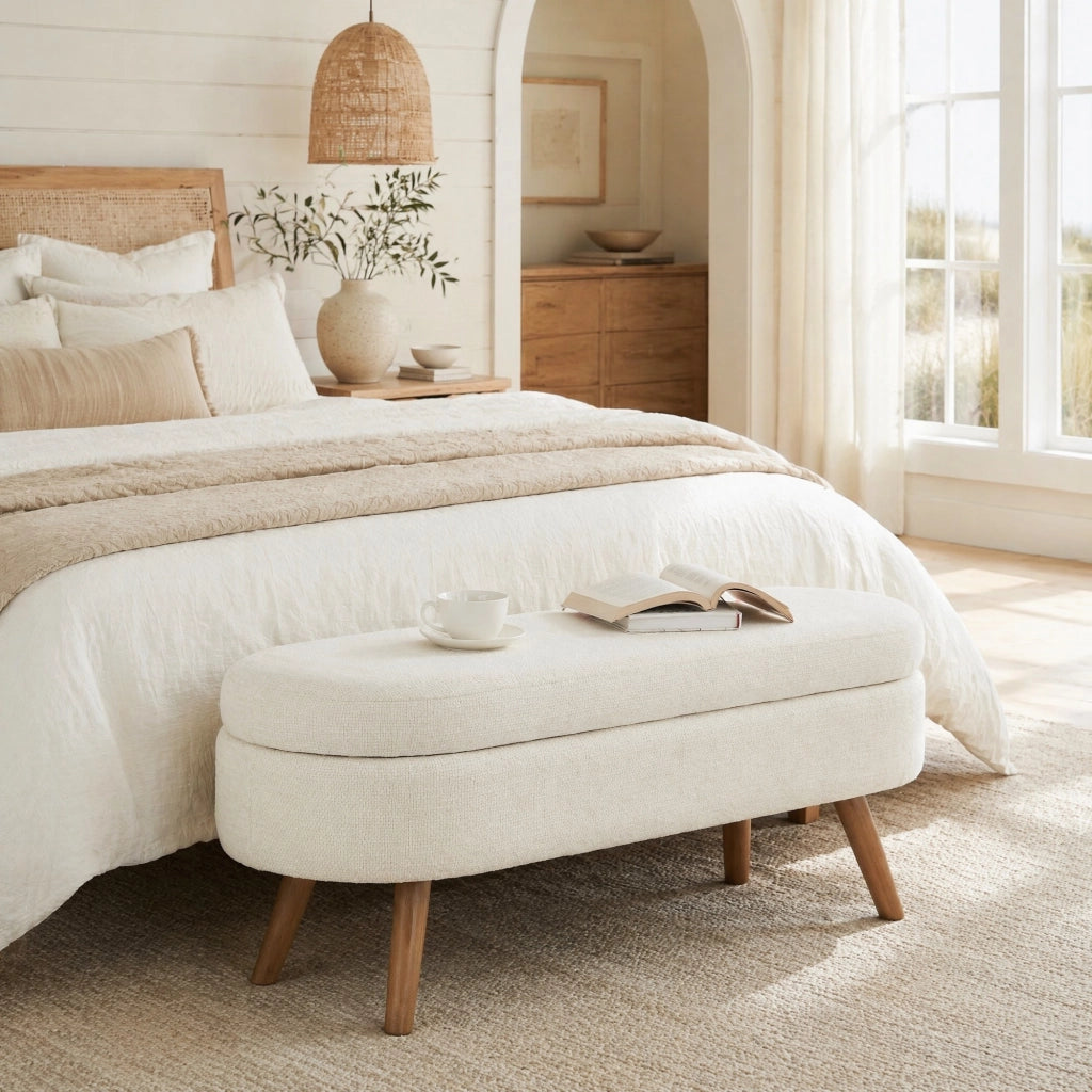 Panca contenitore - con vano e piedi antiscivolo - in ciniglia - beige - 110 cm